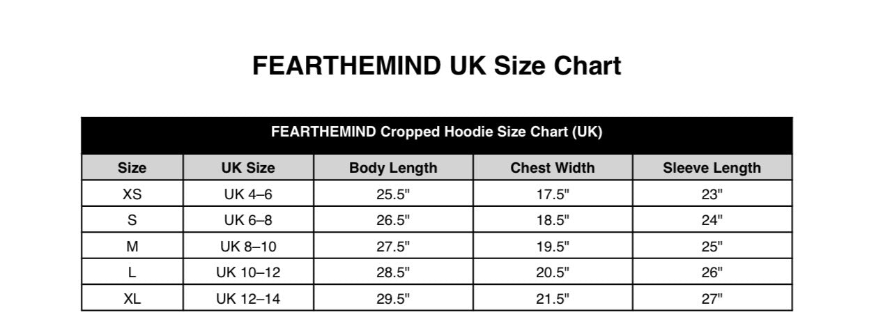 FEARTHEMIND UK Size Chart for Cropped Hoodie
